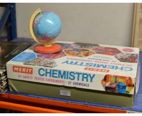 VINTAGE &amp; MOSTLY INTACT MERIT CHEMISTRY SET &amp; VINTAGE TIN PLATE GLOBE     