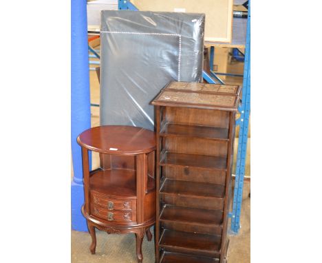 REPRODUCTION MAHOGANY 2 DRAWER UNIT, PAIR OF MODERN SHELF UNITS &amp; HEADBOARD     