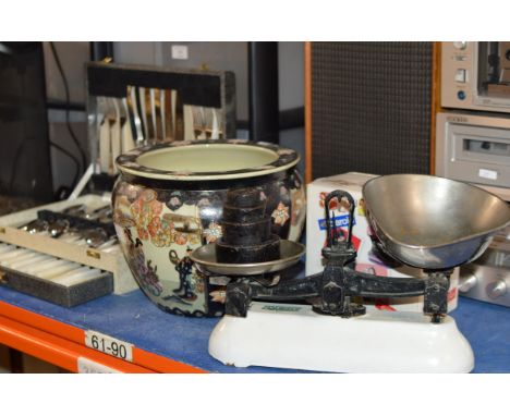 CANTEEN OF CUTLERY, ORIENTAL STYLE PLANTER, POLAROID CAMERA &amp; SET OF VINTAGE SCALES     