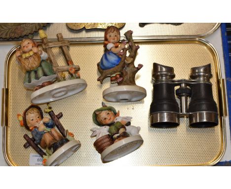 TRAY WITH PAIR OF LEATHER BOUND BINOCULARS &amp; 4 VARIOUS HUMMEL FIGURINES     