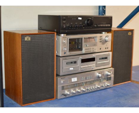 VARIOUS VINTAGE HI-FI EQUIPMENT WITH PAIR OF TWIN TEAK CASED SPEAKERS     