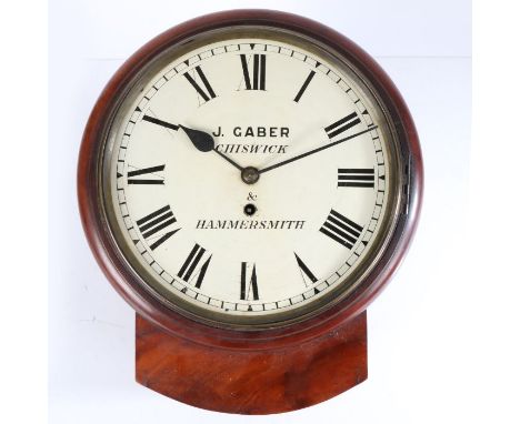 A late 19th century mahogany drop dial wall clock, J Gaber - Chiswick &amp; Hammersmith , the narrow surround to a curved dro