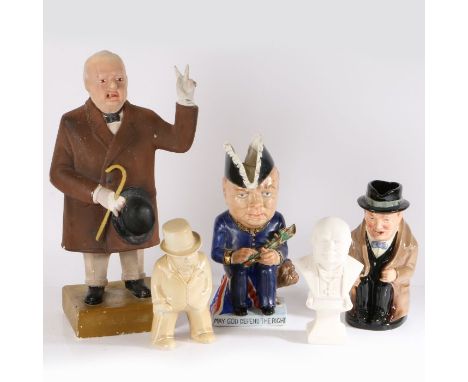 A collection of five 'Winston Churchill' interest ceramics to include a Wilkinson Toby Jug by Clarice Cliff, circa 1941, mode