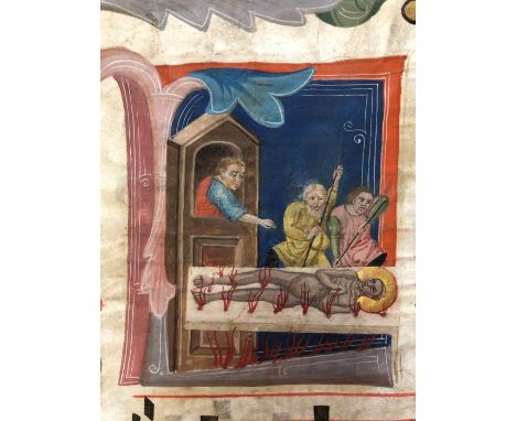 An illuminated antiphonal manuscript on vellum, Italy, 15th Century. The vellum decorated on both sides with ornate calligrap