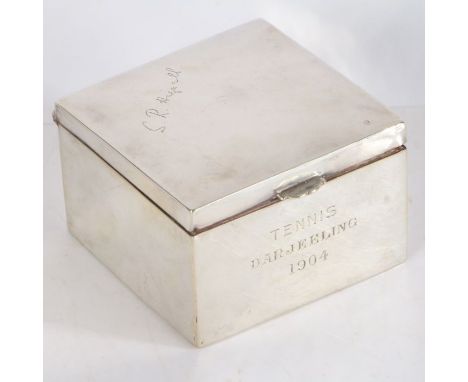 Early 20th century Presentation Cigarette Box, white metal, wood lined, engraved to the lid with the signature 'S.R. Hignell'