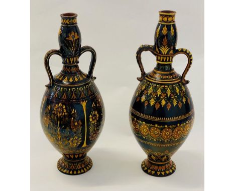Pair of two c1890 Bombay School of Art Pottery Vases, hand made terracotta, hand painted and glazed with marks on base (2)  T
