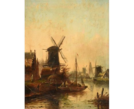 Attributed to Jacob Jan Coenraad Spohler (1837-1894) Dutch Canal scene with windmills Signed, oil on panel, 19.5cm by 15cm   