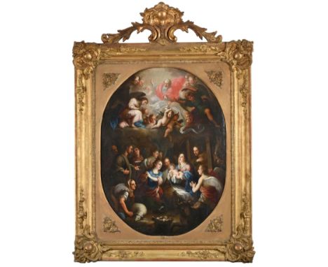Continental School (17th/ 18th century) The Nativity Signed, ''Aguiler?'', oil on panel, 66.5cm dia. (oval) Sold with conditi