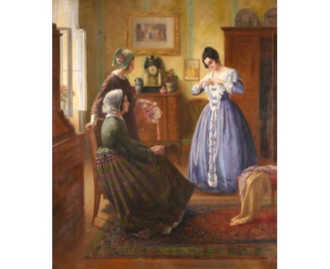 Karl Maria Schuster (1871-1953) Austrian The New Dress Signed, oil on canvas, 116cm by 97cm See illustration . Images of fram