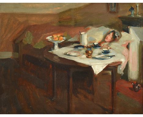Alexander Jamieson (1873-1937) Scottish The artist's wife Biddy MacDonald waking in the bedroom of their London house c.1907 