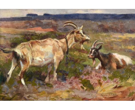 Frederick (Fred) Hall (1860-1948) Goats in a landscape Signed, oil on board, 18.5cm by 27cm See illustration . Images of fram