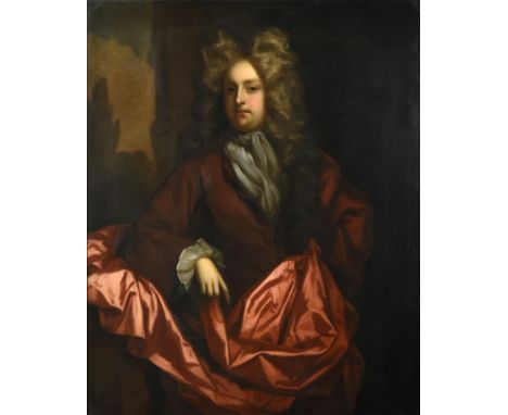 Circle of Sir Peter Lely (1618-1680) Portrait of a fashionable gentleman wearing a claret overcoat with a white cravat and cu