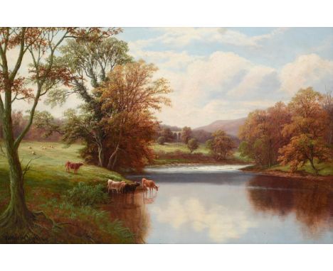 William Mellor (1851-1931) Cattle watering at Bolton Abbey Signed, oil on canvas, 49cm by 74.5cm Provenance: Cooling Gallerie