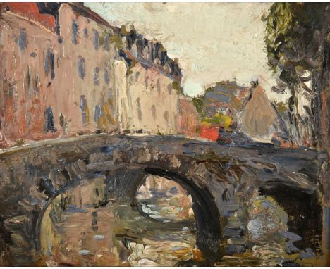 Alexander Jamieson (1873-1937) Scottish A bridge in Bruges Oil on panel, 13cm by 16.5cm   Provenance: Red Sail Gallery Exhibi