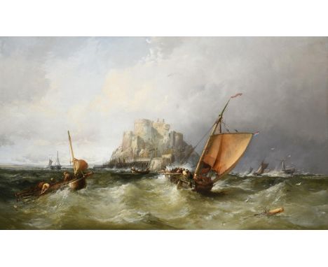James Webb (1825-1895) 'View of Mont Orgueil Castle, Gorey, Jersey'' Signed, oil on canvas, 75cm by 126cm Provenance: Gentlem