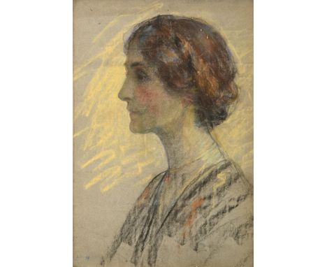 British School (early 20th century)  Portrait of an elegant lady, head and shoulders in profile  Initialled FH, pastel, 49cm 