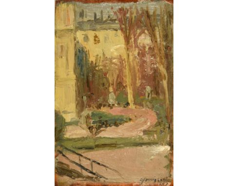 Alexander Jamieson (1873-1937) Scottish Tuileries Gardens, Paris  Signed and dated 1897, oil on panel, 15.5cm by 10cm  Proven