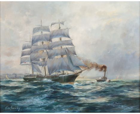 ALAN FERNLEY (b. 1942) Framed, signed, oil on canvas, titled on label, 'Dropping the Tow', Maritime seascape, showing a tea c