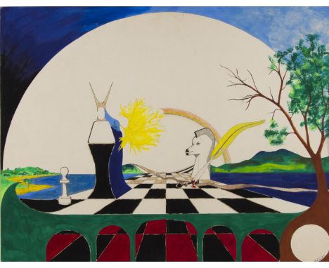 Framed, indistinctly signed, Surrealist pen and ink and gouache on paper, showing chess board, with blood tipped quill, befor