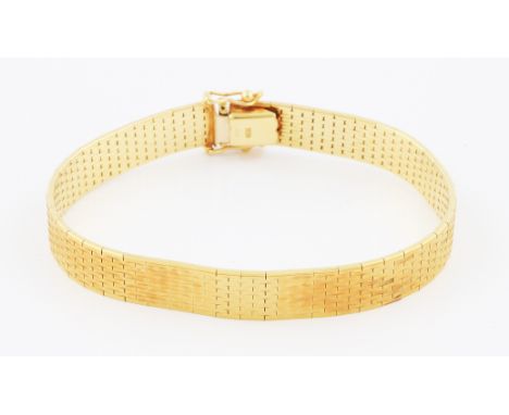 A yellow metal mesh link bracelet, (one link removed and with item), with box clasp, stamped 18k, weight approx. 28.5g.