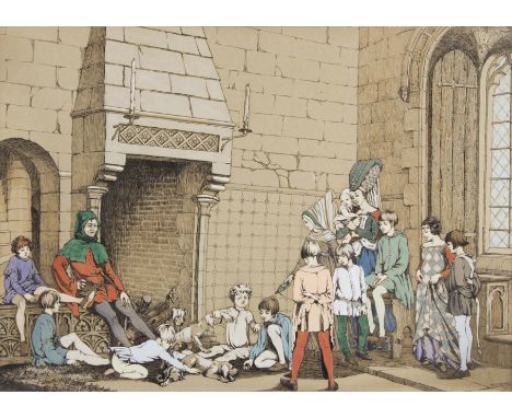 M. H. OVERSBY? Framed, signed, pen and ink with bodycolour on paper, gothic room interior with children playing with dogs on 