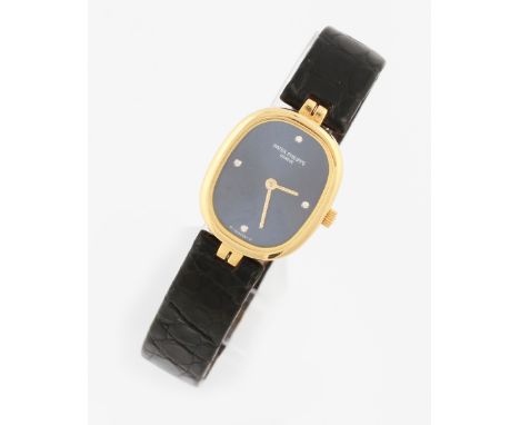An 18ct yellow gold cased Patek Philippe ladies wrist watch, the blue tone dial having quarterly diamond set markers, reverse