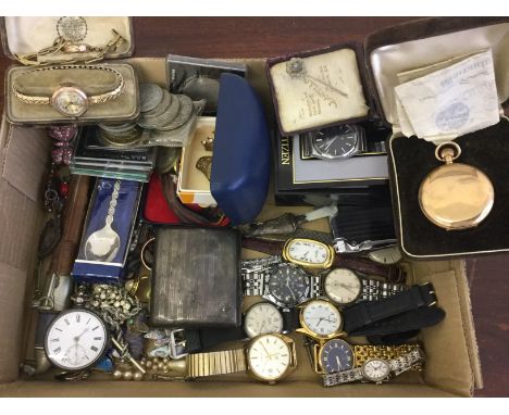 A lot to include a gold plated full hunter pocket watch, (A/F), two 9ct yellow gold cased wrist watches, (A/F), a Mappin & We