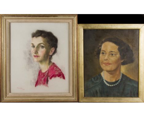 WOLFGANG. Framed, signed, indistinctly dated, oil on canvas, bust length portrait of a woman in pearl necklace, together with