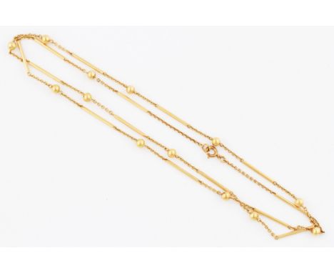 A 9ct yellow gold chain, featuring cylindrical and spherical links, hallmarked Birmingham 1987, length approx. 32", weight ap