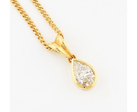A diamond pendant, set with a pear cut diamond, approx. 0.60ct, set in unmarked yellow metal, on an 18ct yellow gold curb lin