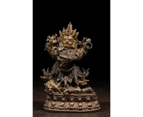 Dimensions: Height 14,1 cm Wide 9 cm Depth 5,5 cmWeight: 707 grams Bronze sculpture of Mahakala, a fierce protector deity in 