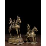 TWO INDIAN BRONZE HORSES WITH RIDERS 18TH TO 19TH CENTURY