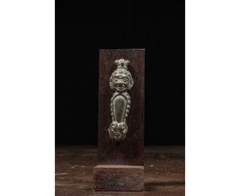Dimensions: Height 7,5 cm Wide 2,5 cm Depth 2 cm without base  Weight: 86,5 grams with base  Tibetan saddle ornament dating. 
