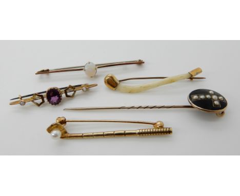 A 9ct gold golf club brooch set with a pearl length 4.5cm, a 9ct opal set bar brooch, length 5.1cm, a Victorian locket back m