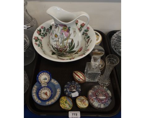 A Halcyon Days enamel 2001 box, a Crumles enamel, a Portmeirion ewer and basin, two glass paperweights etc Condition Report: 
