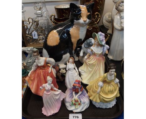 Five Royal Doulton figures including Katie HN3360, Coralie, Monica HN1467, Fair Lady (Coral Pink) HN2835, Joy HN3875, Coalpor