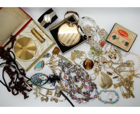 A Napier, Mexican silver turquoise bracelet and ring, compacts, Damascene style cufflinks and earrings etc Condition Report: 
