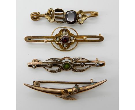 A 9ct gold peridot and pearl brooch 4.6cm, a 9ct gold garnet and pearl brooch, length 4.9cm, a 9ct thistle brooch 4.8cm, weig