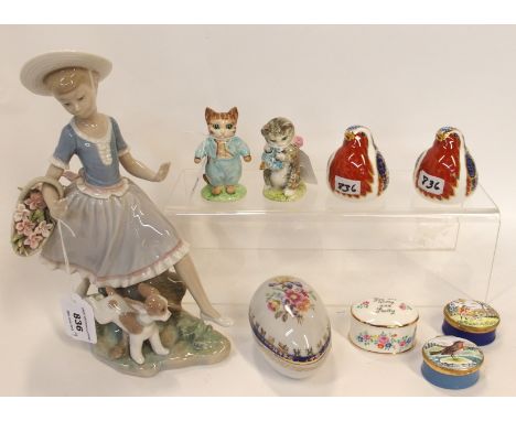 A Lladro figure of a girl skipping with a puppy at her feet, two Beswick figures Tom Kitten and Miss Moppet, two Royal Crown 