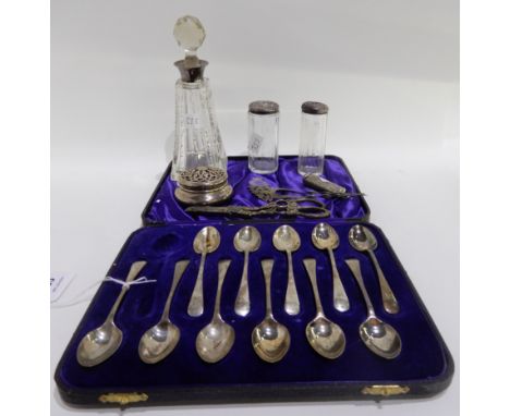 A lot comprising a part set silver teaspoons (11), Sheffield 1933, a silver hair comb, cigarette holder case, small pot pourr