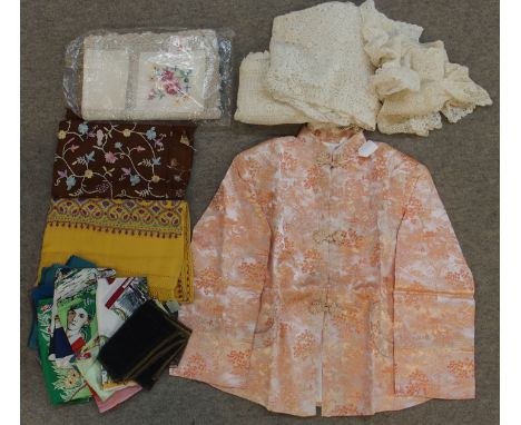 A Chinese lady's silk jacket, vintage silk scarves, embroidered wool scarves, etc Condition Report: Not available for this lo