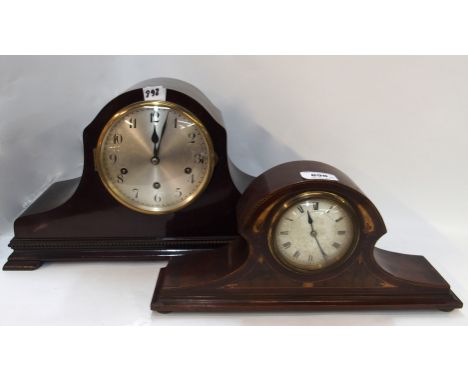 A mahogany cased mantel clock with inlaid decoration, 36cm wide and another mahogany cased clock, 24.5cm high (2) Condition R