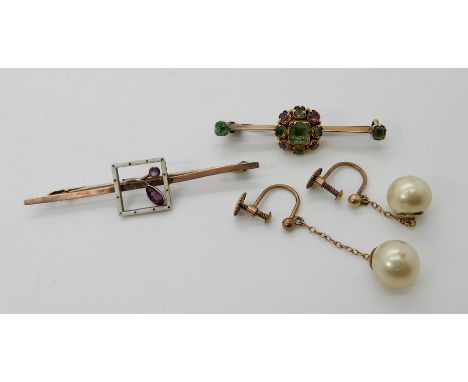 A yellow metal brooch set with green and pink gemstones, a 9ct gold and silver enamel and amethyst brooch and a pair of 9ct m