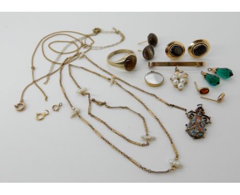 A 9ct gold bunch of pearl grapes brooch, a pair of black sapphire earrings mounted in yellow metal and other items Condition 