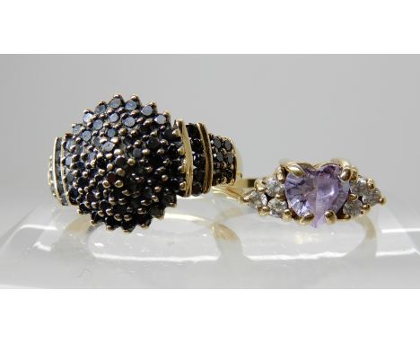 A 9ct gold black diamond cluster ring, size M1/2, together with a 9ct gold purple heart shaped and white cz set ring size P1/