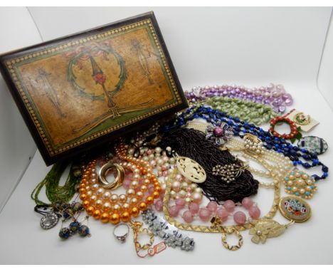 Rose quartz beads, and a collection of vintage costume jewellery in a decorative wooden box Condition Report: Not available f