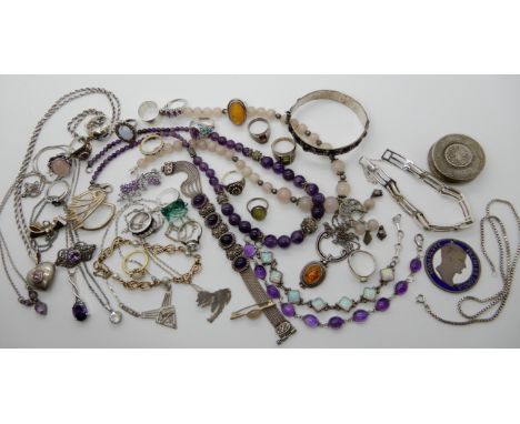 A collection of silver and white metal items to include a silver opalite bracelet, amethyst jewellery rings etc Condition Rep