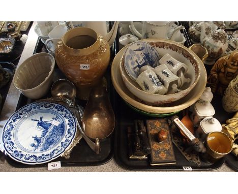 A Scottish pottery saltglaze snuff jar, pottery mould with sweetcorn design, EP lade, sauce boat and card tray, Victorian sta