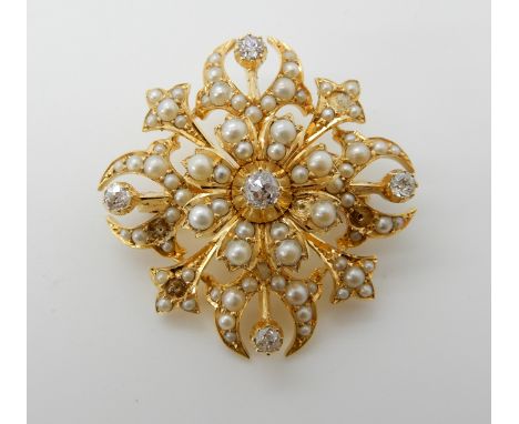 A 15ct gold pearl and diamond Edwardian pendant brooch, set with estimated approx total diamond content 0.28cts, dimensions, 