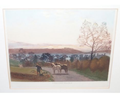 T HAMILTON CRAWFORD At close of day, signed, lithograph, 19 x 24cm and AFTER KENT THOMAS Glasgow in the 18th Century, print, 